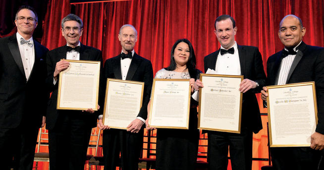 Dean James J. Valentini (far left) with honorees (left to right) Dr. Robert J. Lefkowitz ’62, ’66 P&amp;S; James L. Melcher ’61; Joyce Chang ’86; Michael S. Solender ’86; and Mozelle W. Thompson ’76, ’81L. PHOTO: EILEEN BARROSO